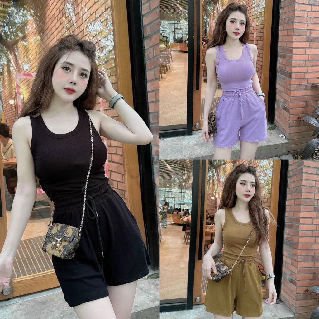 Set bộ đùi thun gân áo croptop ba lỗ mix quần đùi cùng tone màu thiết kế đơn giản, sang chảnh phù hợp diện đi chơi