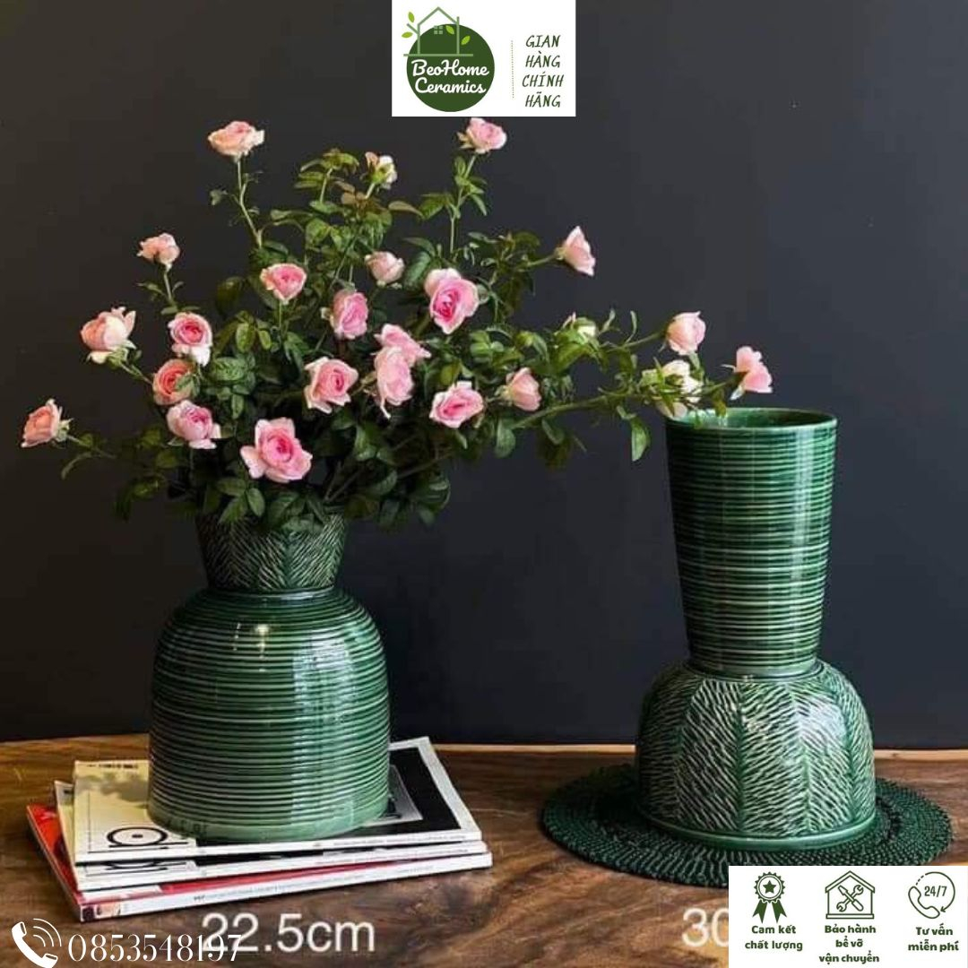 Bình Hoa Bình gốm dáng đầm búp bê men ngọc lưu ly cao cấp gốm Bát Tràng cắm hoa trang trí nội thất đẹp