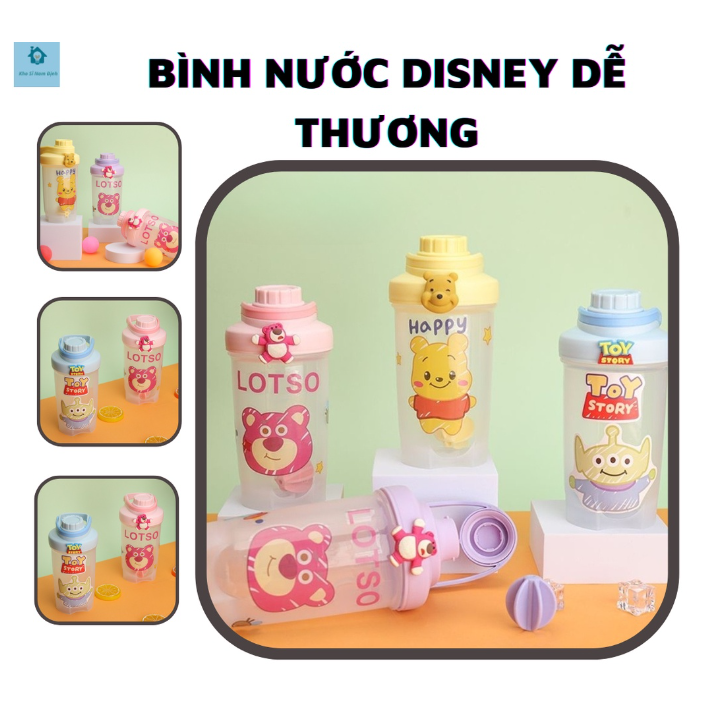 Bình nước in họa tiết các nhân vật Disney dễ thương 500ml có bóng lắc cao su chống tràn siêu cute