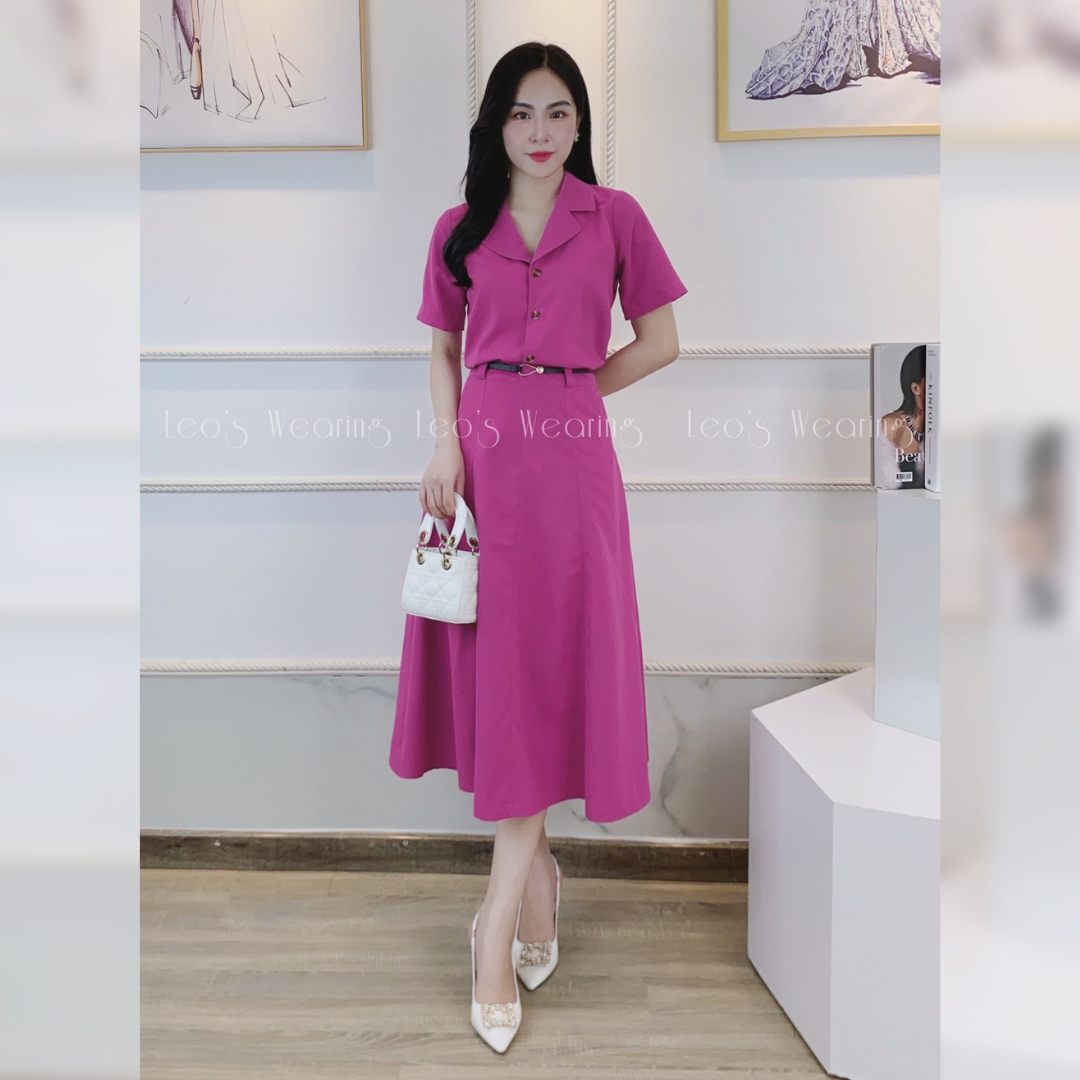 Set váy công sở LEOSWEARING chân váy chữ A có túi mix áo sơ mi tay ngắn màu hồng sen A324
