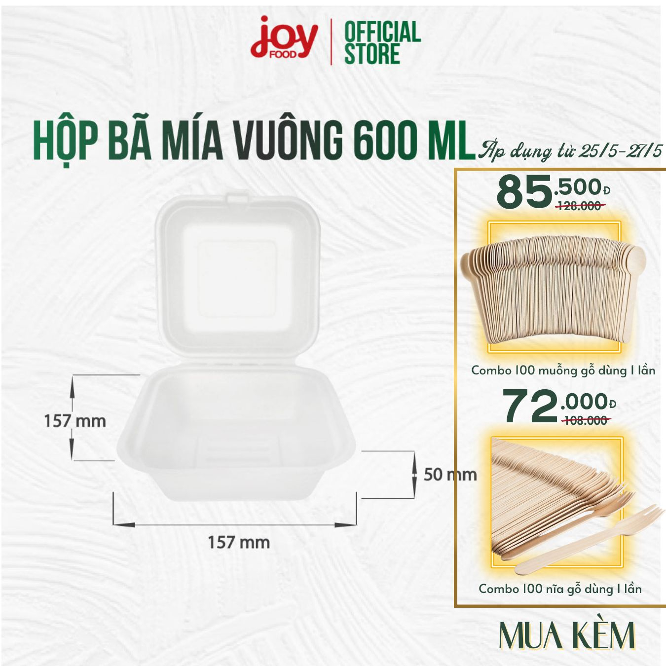 50 hộp bã mía Gracz hình vuông 17.5x17.5x5 cm (trắng)