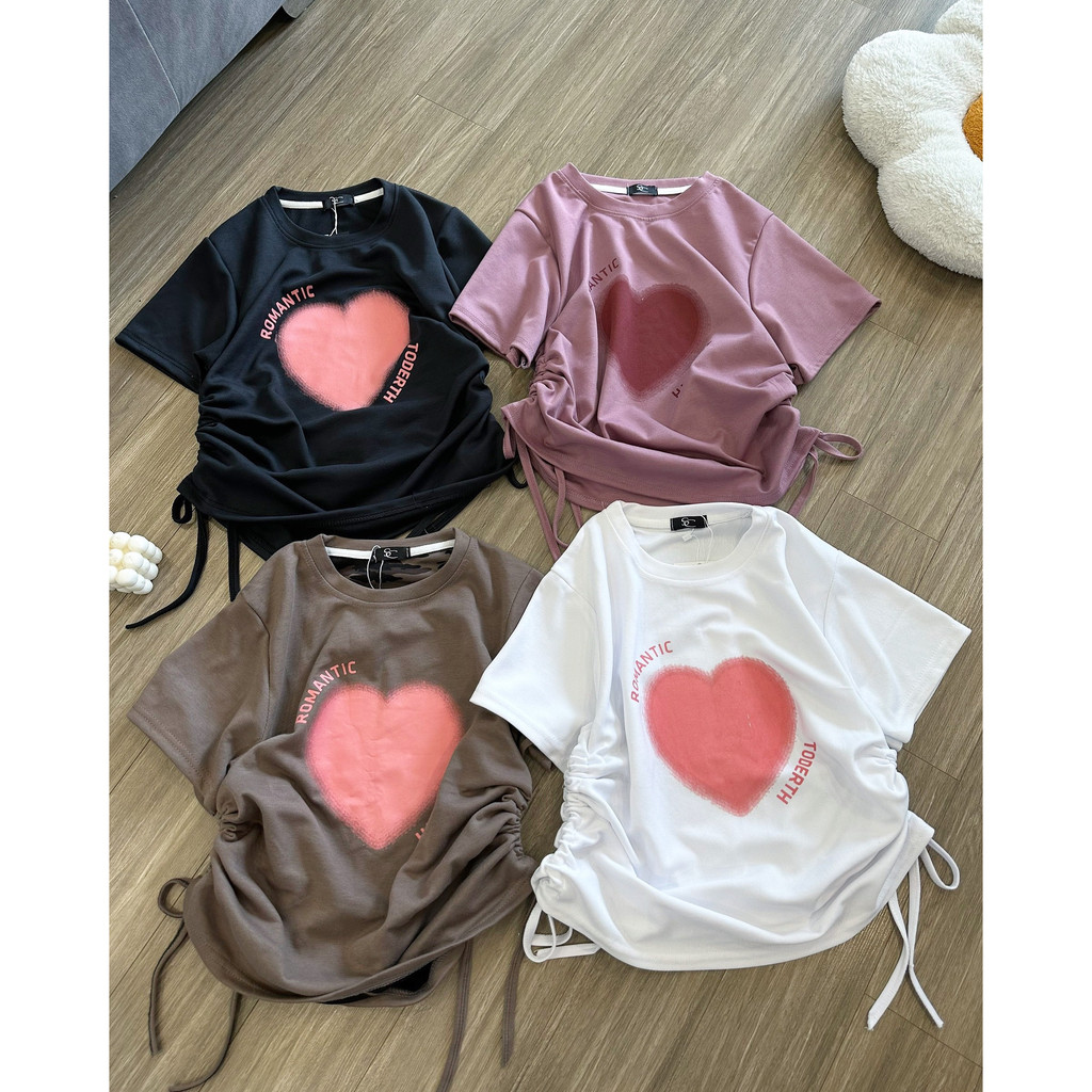 Áo thun baby tee nữ có dây rút họa tiết trái tim chất liệu cotton co giãn phong cách năng động | BigBuy360 - bigbuy360.vn