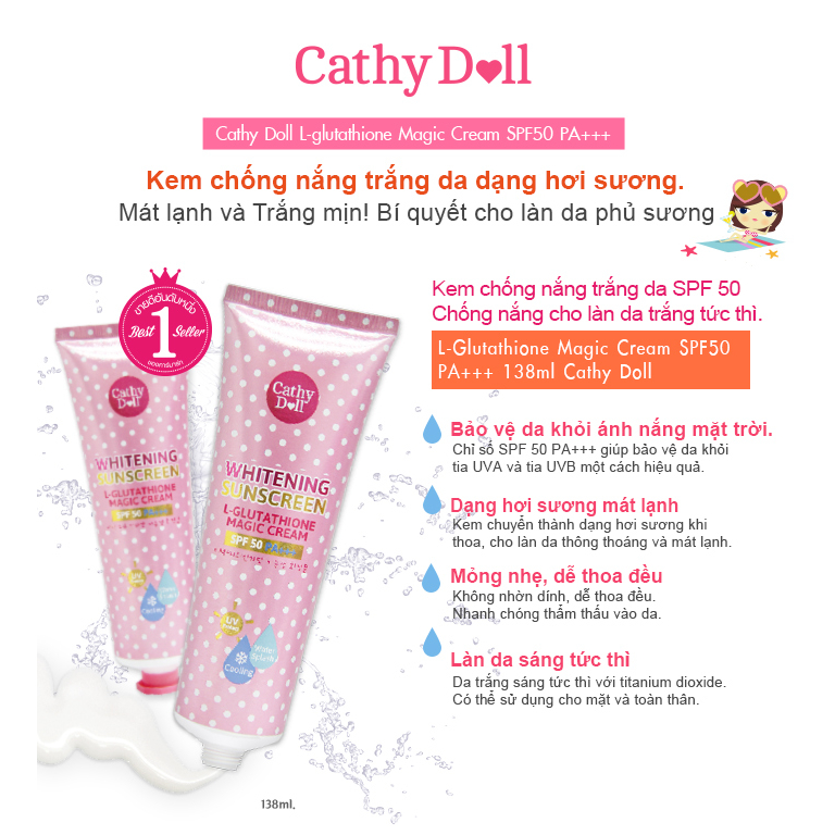 [Chuẩn Thái] Kem Chống Nắng Dưỡng Trắng Da Nâng tone Cathy Doll L- Glutathione Magic Cream SPF50 PA+++ 138ml