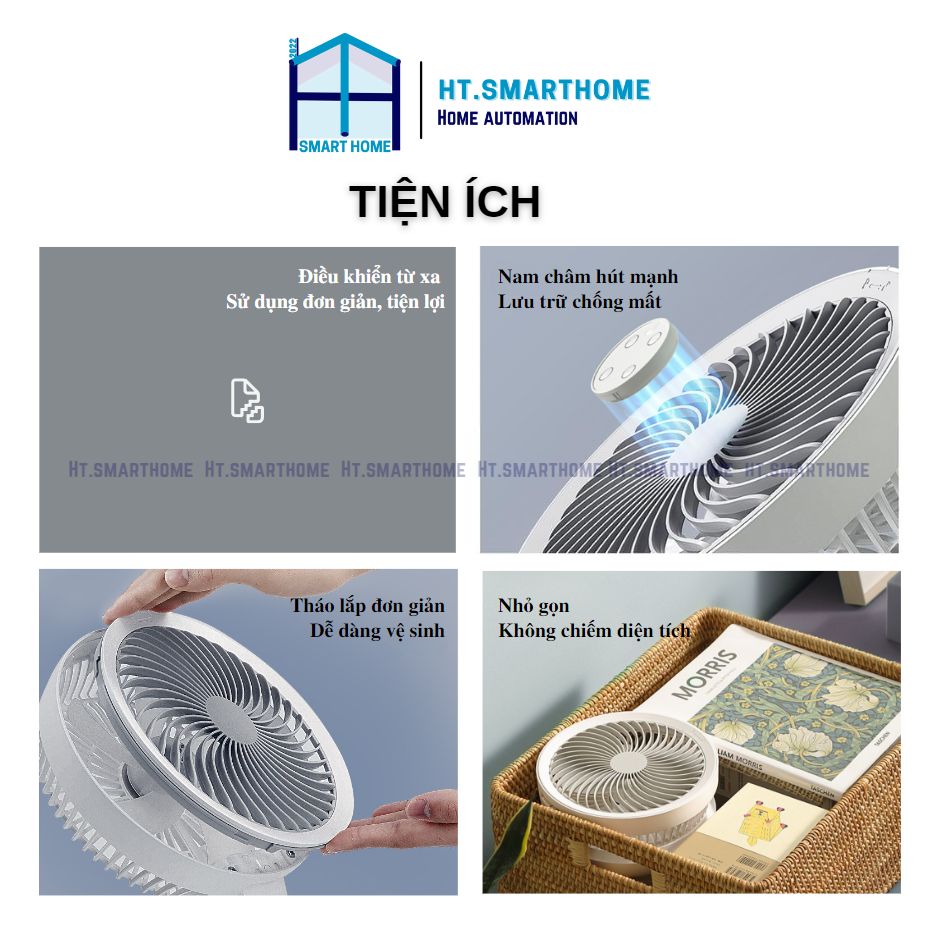 Quạt tích điện mini Edon E808 để bàn, treo tường - Thời gian sử dụng lên đến 10h 4000mAh tích hợp đèn