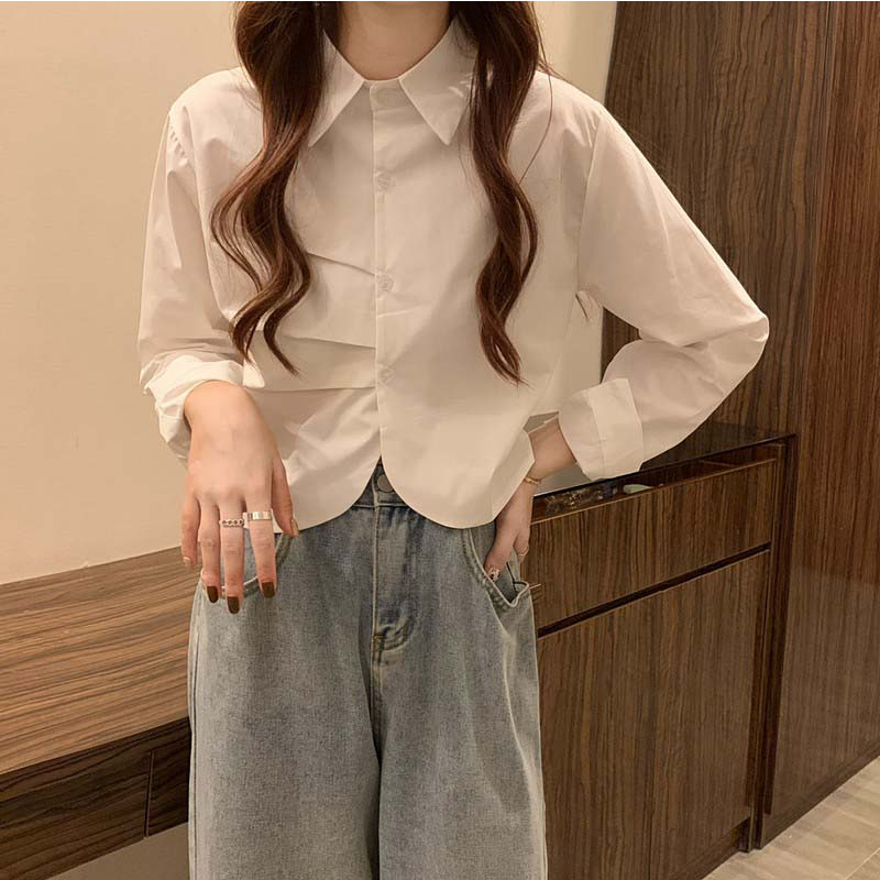 Áo Sơ Mi Croptop Cách Điệu Tay Dài Dáng Rộng Xếp Nếp Trơn Màu Thời Trang Sugal TOP NU 067V4