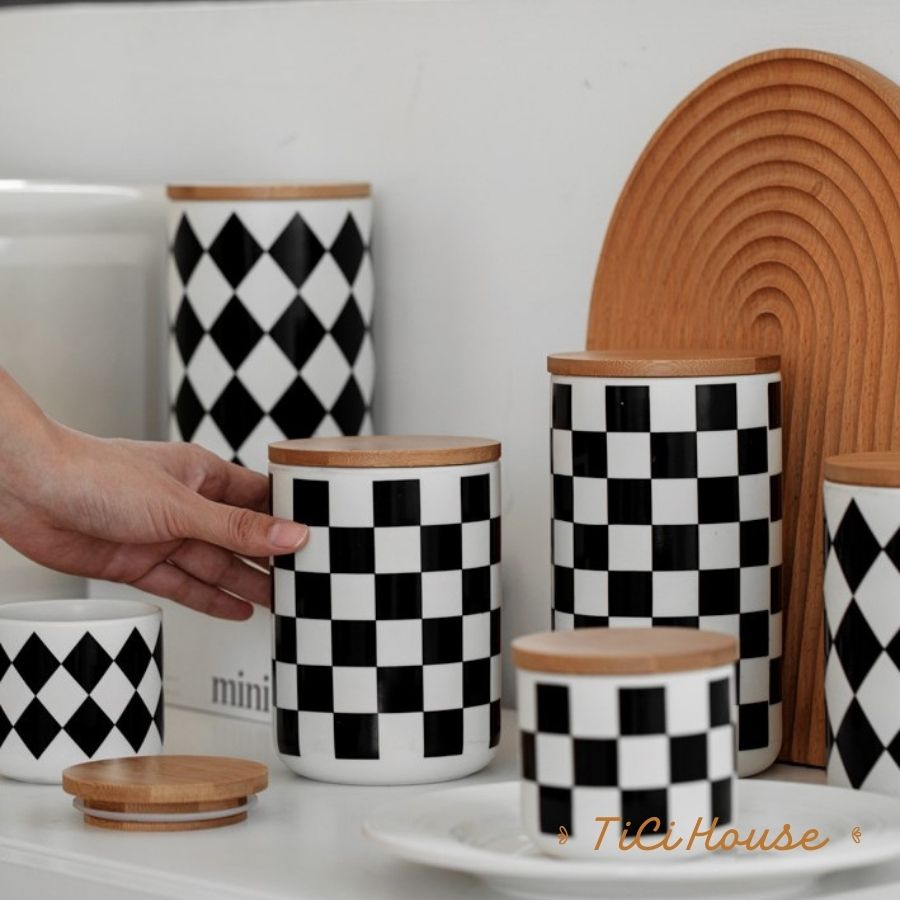 Lọ gốm sứ caro trắng đen cao cấp, hũ đựng trà cà phê phong cách Bắc Âu, tối giản TiCi House
