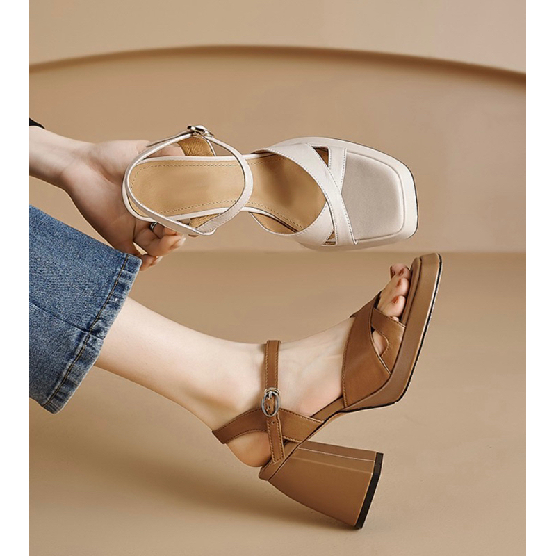 ORDER 💗 Giày quai chéo da trơn , nhung nhã nhặn gót vuông 9cm 34-39