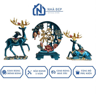 Tượng trang trí decor hươu tài lộc kèm mạ vàng, set tượng đĩa trang trí nhà cửa, phòng khách Bắc Âu