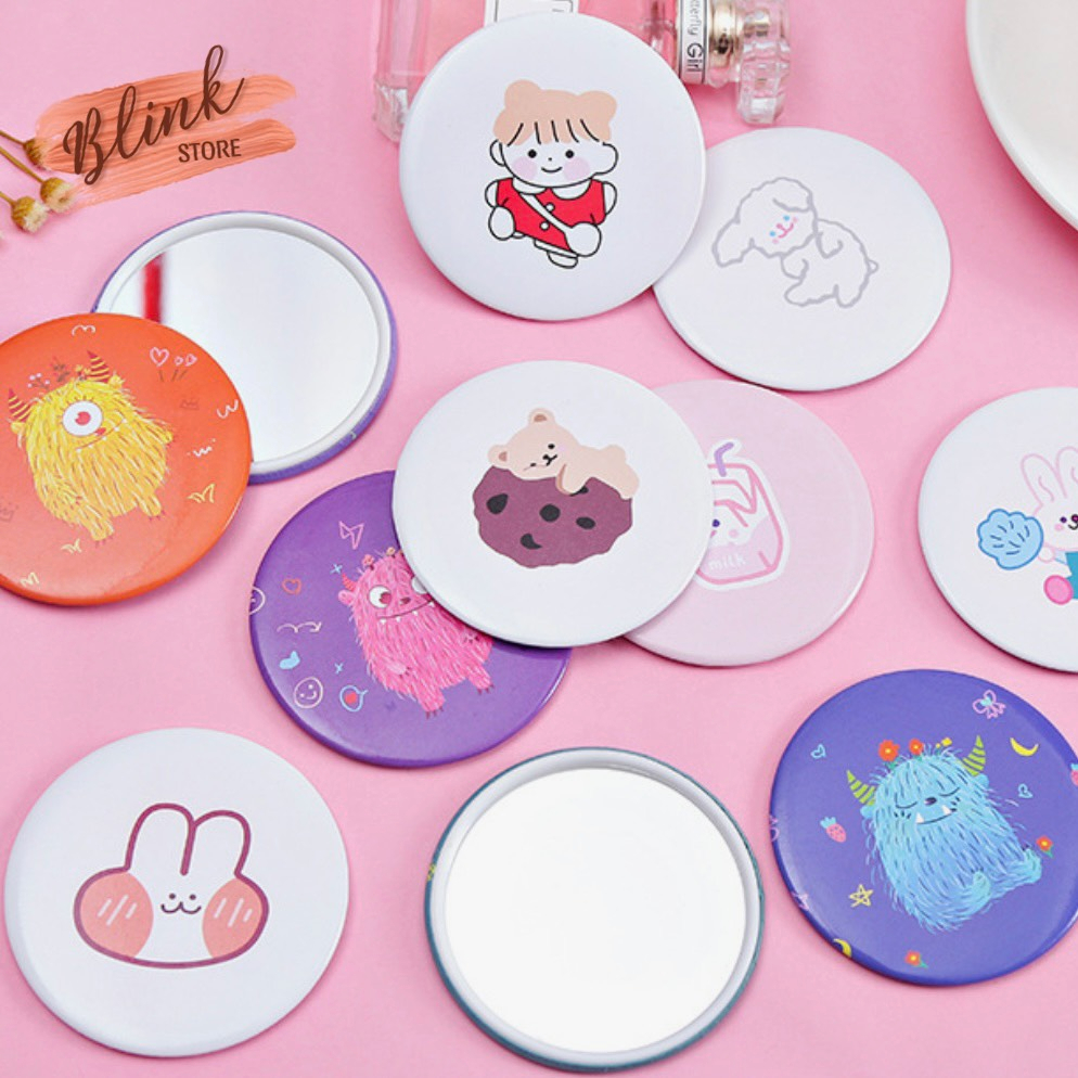 Gương mini cầm tay, soi trang điểm hình tròn hoạt hình dễ thương và tiện sử dụng