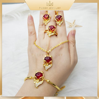 Bộ Hồ Ly 4 Món Dây Chuyền, Bông Tai, Lắc Tay, Nhẫn, Sét Trang Sức Đá Xanh Đá Đỏ Vòng Cổ Dây Xích Phong Cách Hàn Quốc