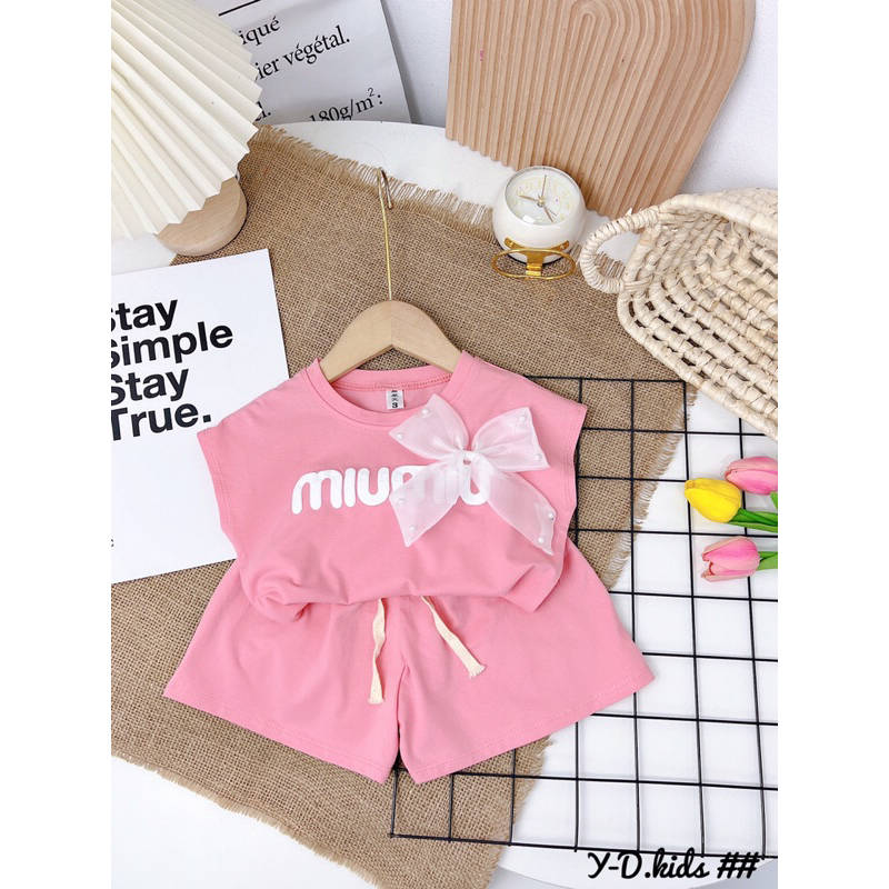 Đồ bộ bé gái cộc tay, đính nơ ngực chất cotton mềm mát size 8 - 20kg