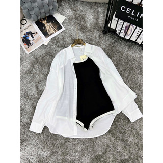 Set jum đen viền trắng mix sơ mi đũi