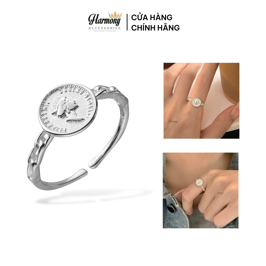 Nhẫn nữ bạc 925 cao cấp dáng mở freesize hình đồng xu nữ hoàng châu âu Fiona | HARMONY ACCESSORIES N72