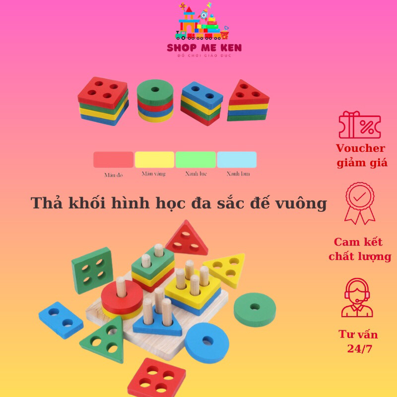 Bộ thả hình khối 4 cọc trụ bằng gỗ, đồ chơi trí tuệ cho bé học hình khối, học màu sắc