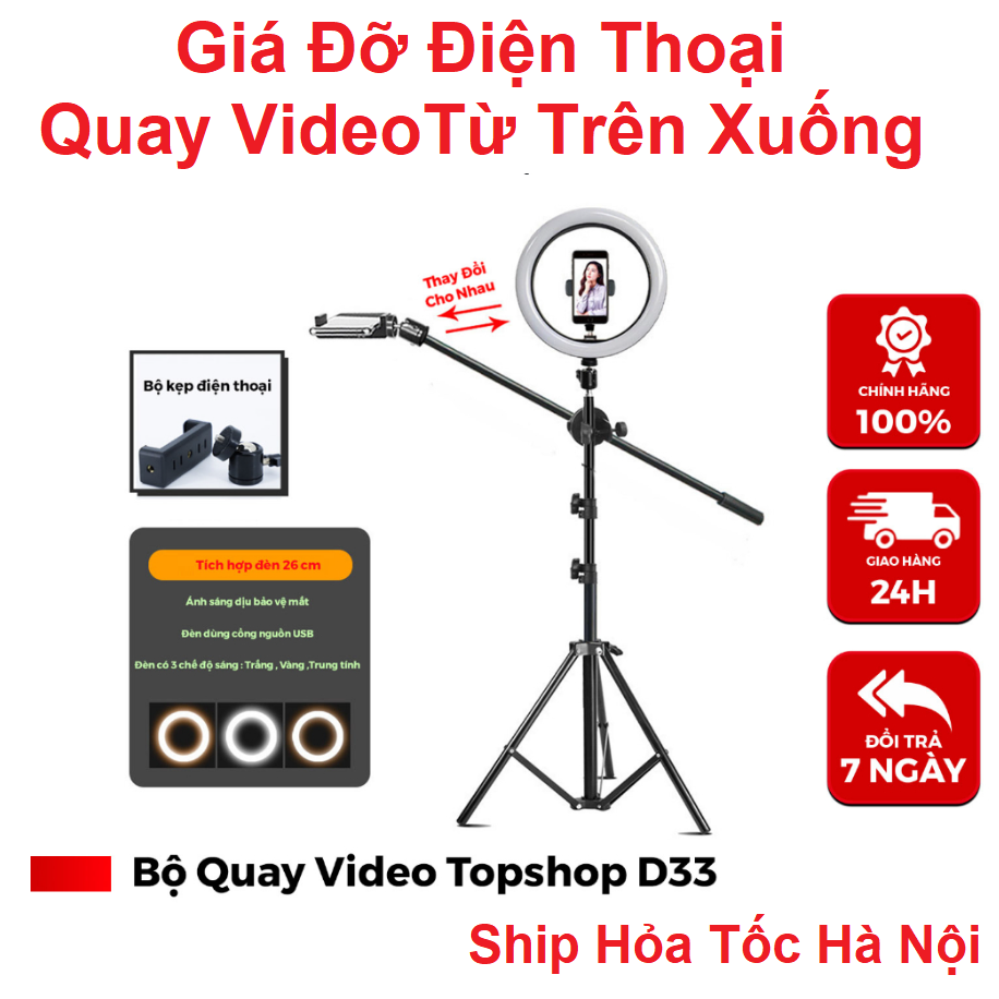 Chân Tripod Quay Video Chụp Ảnh Topshot D33, Giá Đỡ Điện Thoại Quay Video Từ Trên Xuống Kèm Có Đèn - Chắc Chắn -Tiện Lợi