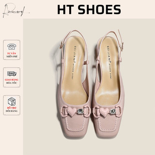 Giày sandal hở gót mũi vuông đế trụ 4,5cm mules đính nơ tim sang chảnh hai màu dễ phối đồ phong cách đơn giản G48