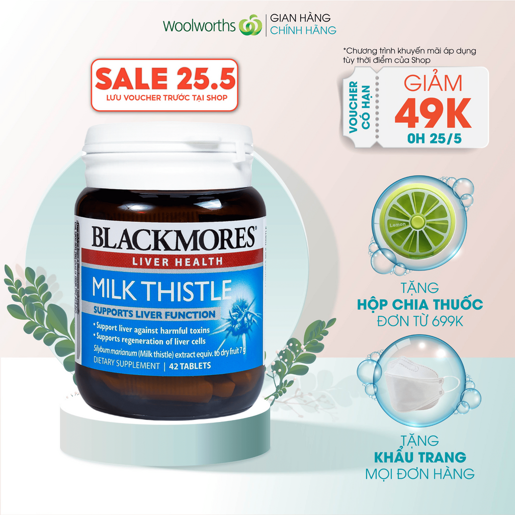 (Tem Mesa) Viên uống bổ gan Blackmores Milk Thistle 7000mg hỗ trợ giải độc và phục hồi chức năng gan 42v