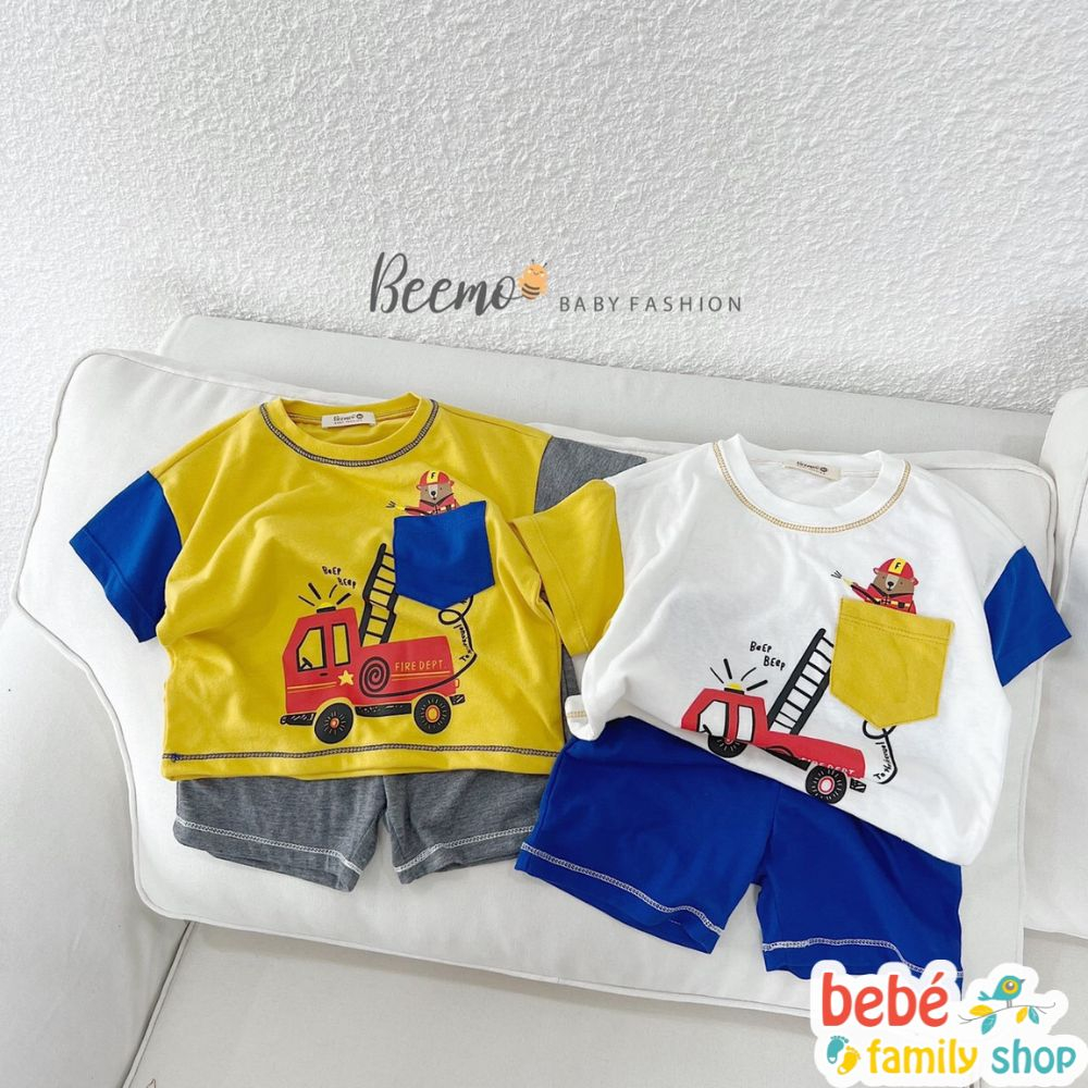 Bộ quần áo bé trai Beemo 9-23kg thun cotton màu vàng trắng hình lính cứu hỏa - STB