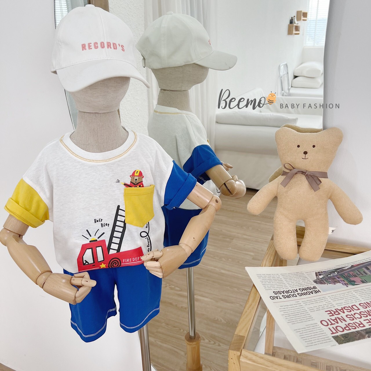 Bộ quần áo bé trai Beemo 9-23kg thun cotton màu vàng trắng hình lính cứu hỏa - STB