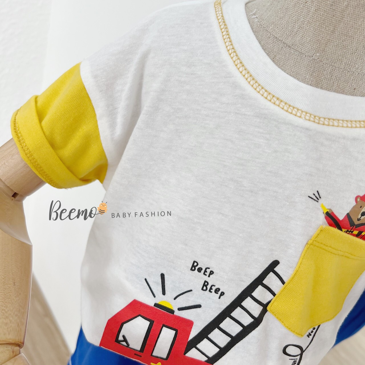 Bộ quần áo bé trai Beemo 9-23kg thun cotton màu vàng trắng hình lính cứu hỏa - STB