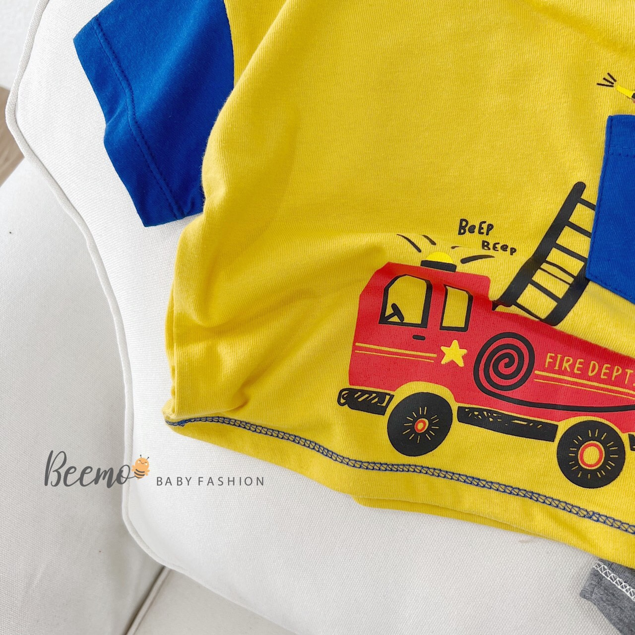 Bộ quần áo bé trai Beemo 9-23kg thun cotton màu vàng trắng hình lính cứu hỏa - STB