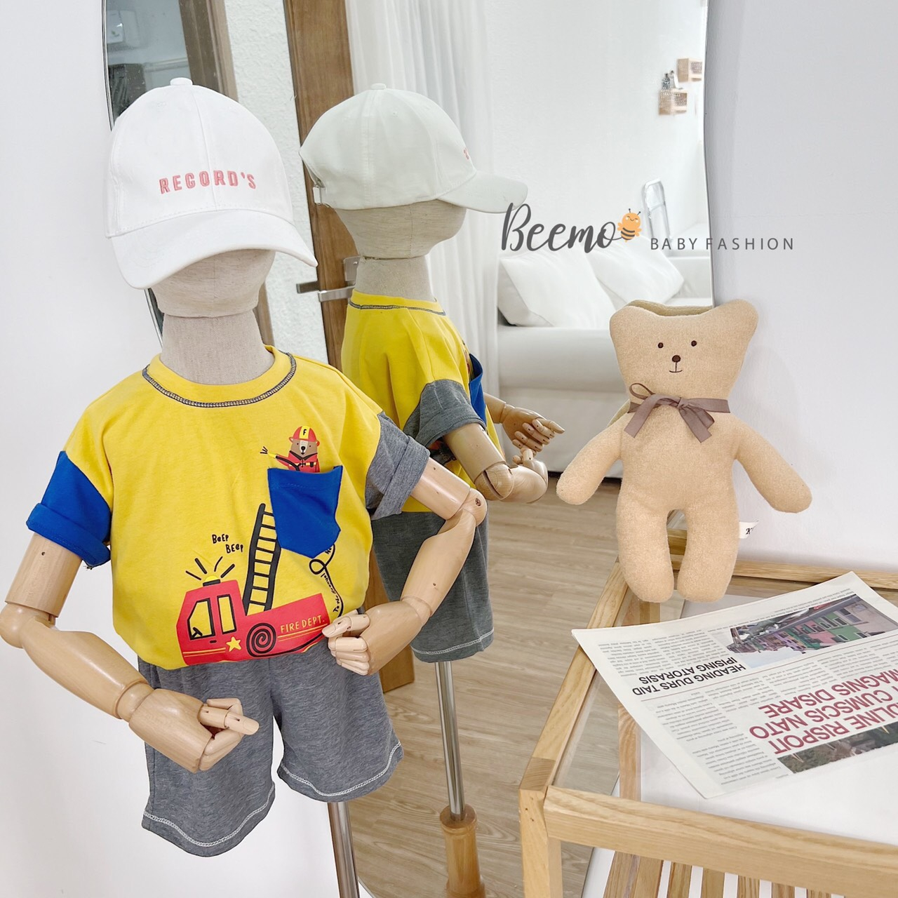 Bộ quần áo bé trai Beemo 9-23kg thun cotton màu vàng trắng hình lính cứu hỏa - STB
