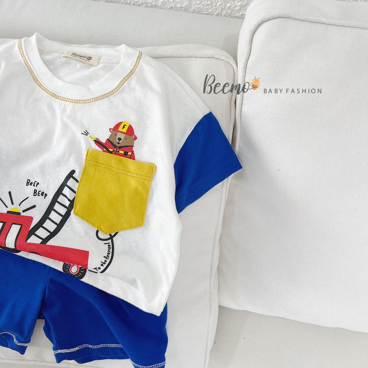 Bộ quần áo bé trai Beemo 9-23kg thun cotton màu vàng trắng hình lính cứu hỏa - STB