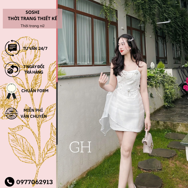 Đầm 2 dây thiết kế ren phối voan vạt lệch, váy trắng dự tiệc đính đá siêu sang chảnh form chuẩn cao cấp