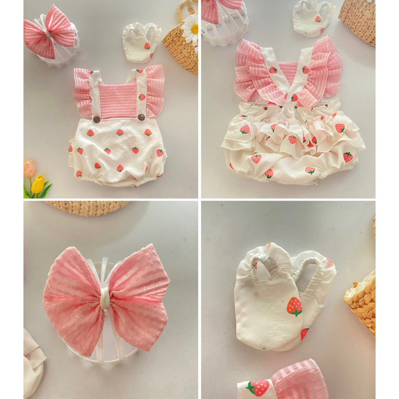 Body sơ sinh size 3-13kg họa tiết dâu tây cánh tiên xinh xắn cho Bé yêu tặng kèm nơ và giày