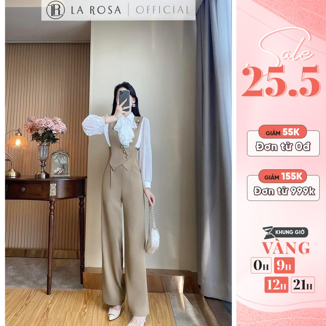Set Áo Cổ Bèo Tiểu Thư Kèm Quần Yếm Suông Cạp Cao LAROSA Tôn Dáng Che Khuyết Điểm, Chất Vải Mềm Mát Đứng Form S1048