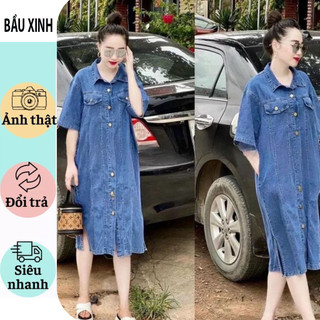 Váy đầm bầu bò yếm công sở đẹp-đầm bầu bò jean quảng châu chất đẹp sang chảnh bigsize váy bầu giá rẻ