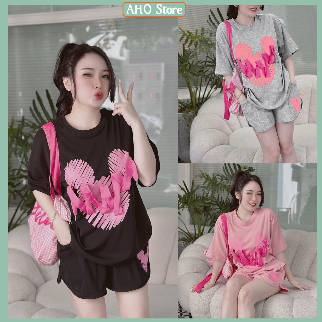 Bộ Đùi Nữ Áo Phông nữ In Mickey Đính Dây nổi Mix Quần Đùi Nữ Viền Lượn In Hình Mickey Freesize