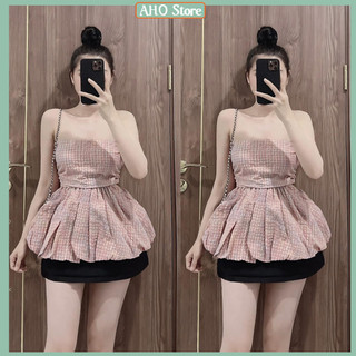 Áo kiểu nữ quây kẻ xốp phồng gấu áo cúp ngực nữ chun lưng sexy freesize