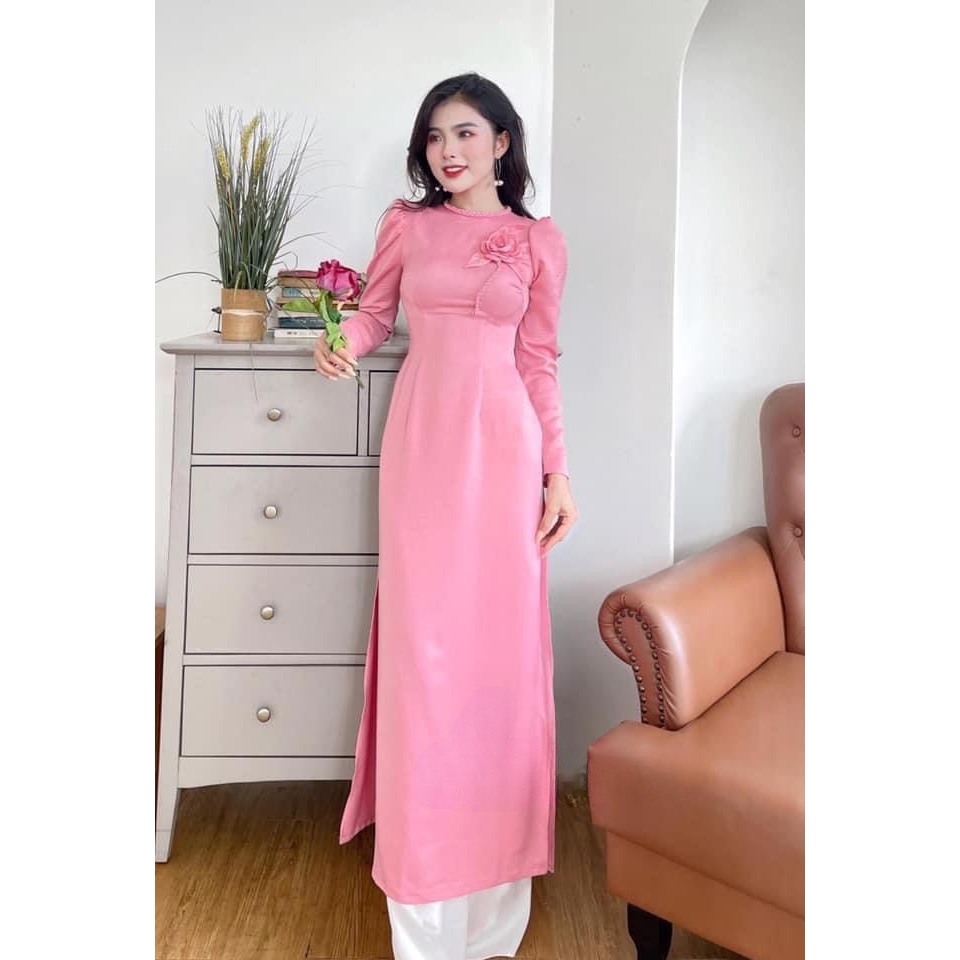 áo dài hoa tết ngực chất liệu lụa tây thi cao cấp màu hồng