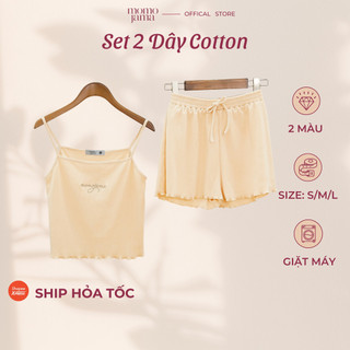 Bộ đồ ngủ mặc nhà nữ MOMOJAMA bộ hai dây thêu logo chất liệu cotton mềm mại thoáng mát bộ quần áo mặc nhà cho nữ