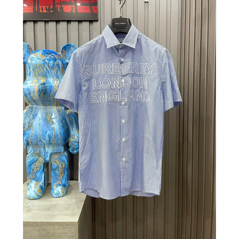 | Full Hộp | Áo sơ mi Burberry nam nữ cộc tay Xanh sọc chất liệu cotton cao côc