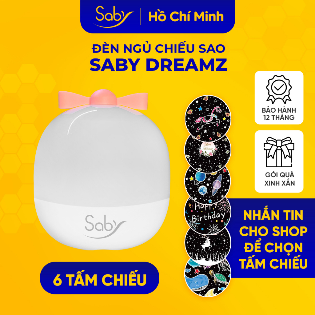 Đèn ngủ Saby Dreamz, Chiếu sao 3D xoay 360 độ, 3 màu ánh sáng, lựa chọn tấm chiếu hình ảnh đa dạng, cáp sạc USB 5V1A