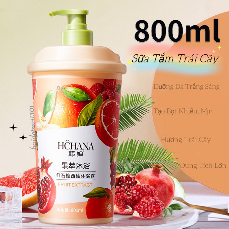 B9 [ Chai To 800ml ] Sữa Tắm Hương Trái Cây Hchana Siêu Thơm Chiết Xuất Từ Lựu Bưởi Giúp Cấp Ẩm Và Làm Sáng Da