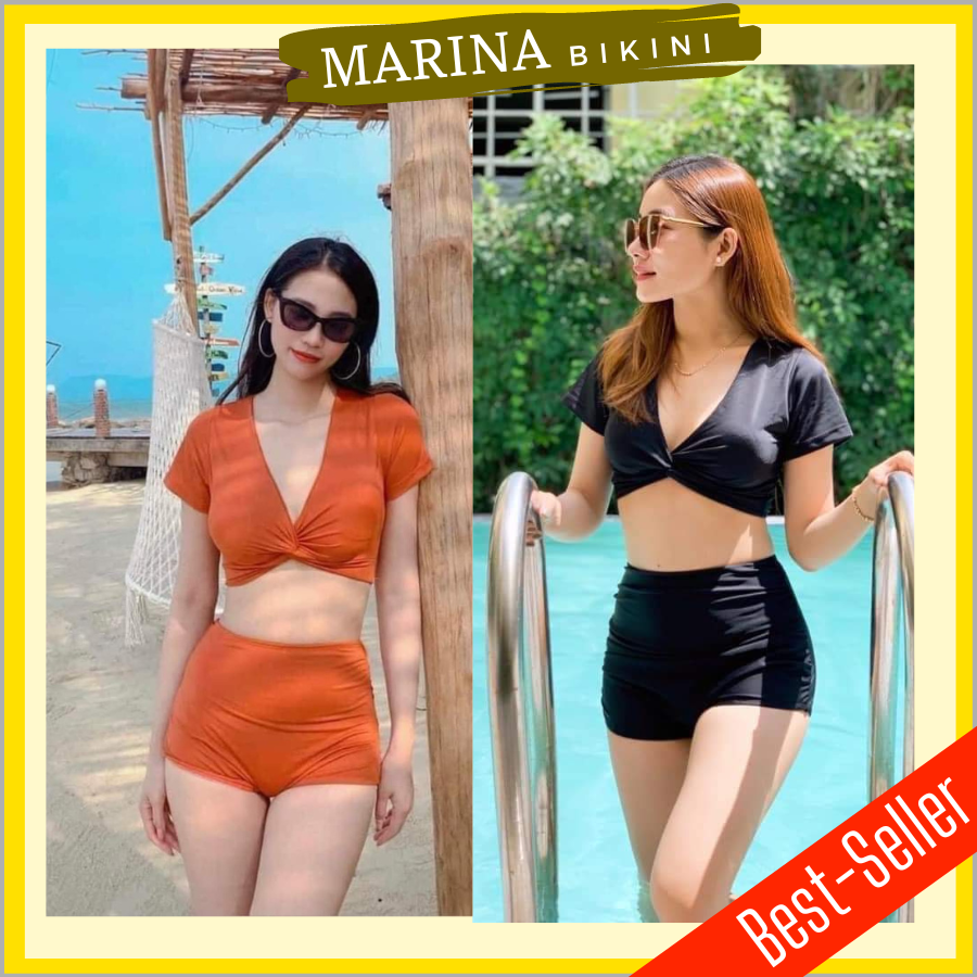 Bikini đồ bơi nữ đi biển tay ngắn áo xoắn ngực quần lưng cao nhiều màu MARINA002