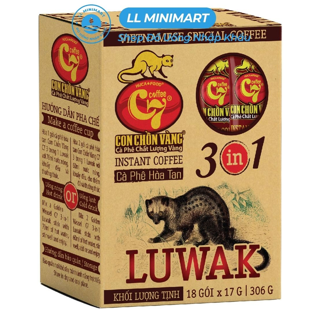 Cà Phê Hòa Tan Con Chồn Vàng 3in1 Luwak C7 Hộp 306G (17Gx18 Gói)