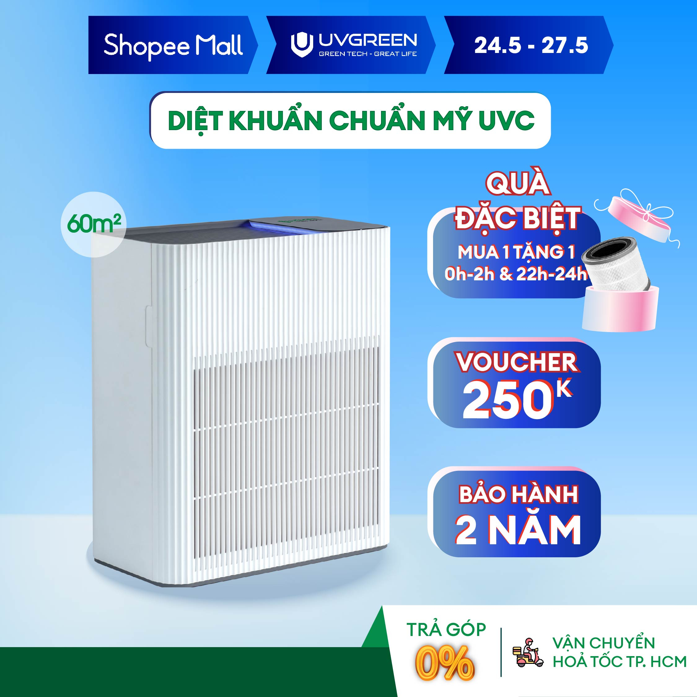 Máy Lọc Không Khí Diệt Khuẩn UVGREEN KA600 60m2 - Công Nghệ UVC LED Từ Mỹ, Lõi HEPA H13 Lọc Sạch 99,97% Bụi Mịn