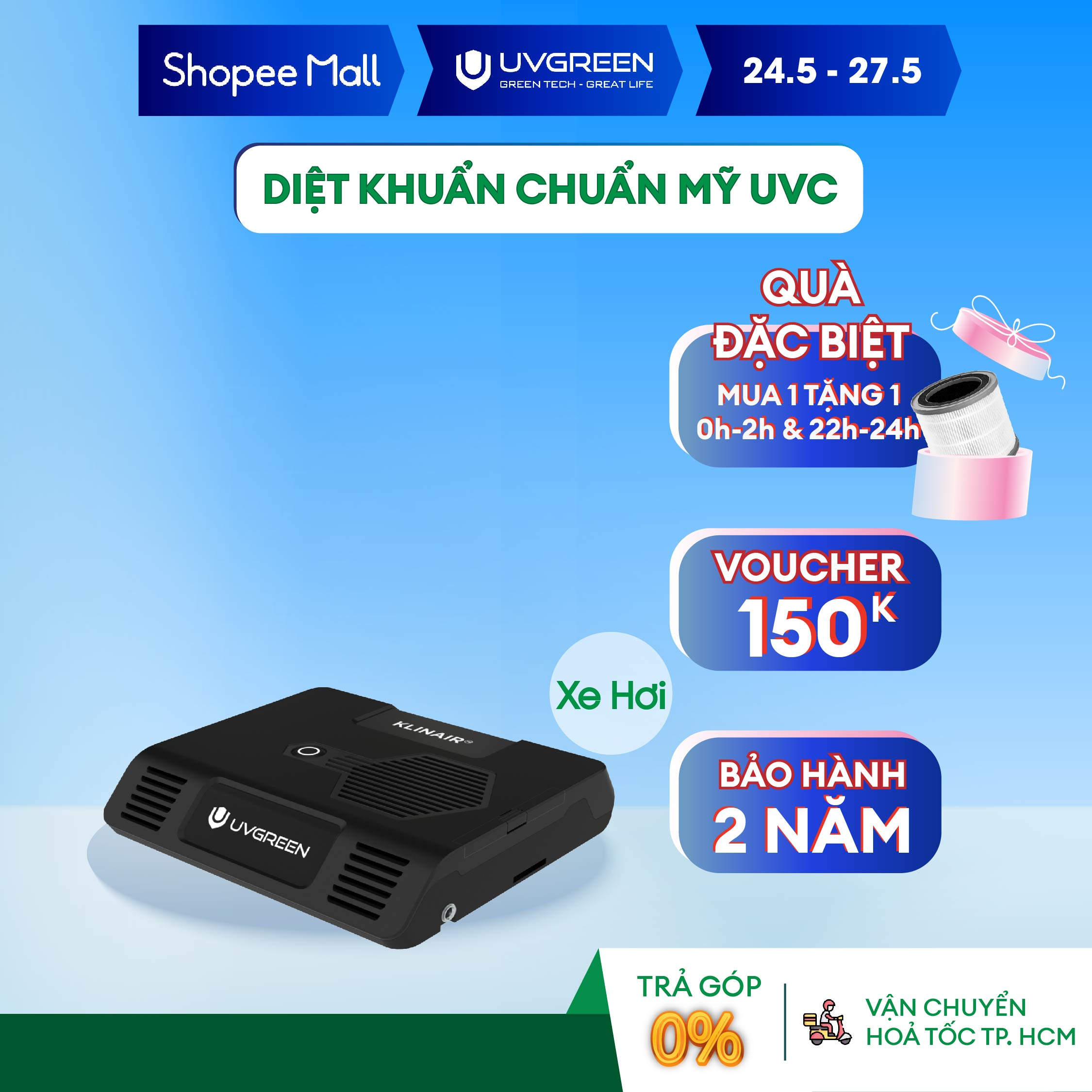 Máy Lọc Không Khí Ô Tô UVC LED UVGREEN KA100 - Công Nghệ Từ Mỹ, Lõi Lọc Than Hoạt Tính Khử Mùi, Diệt Khuẩn