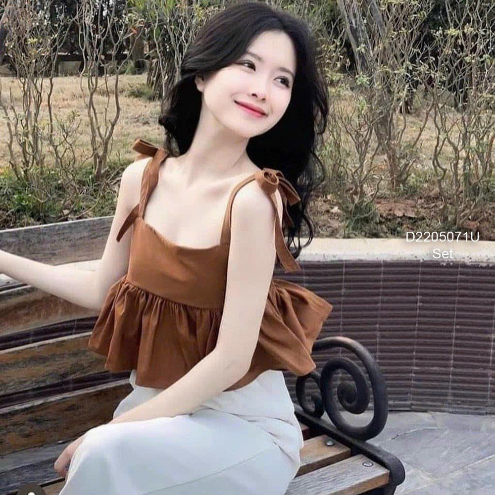 Áo 2 dây babydoll cột nơ sọc caro