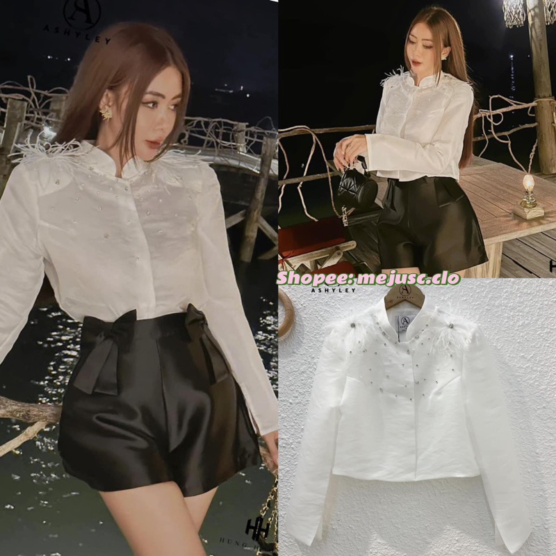 (sẵn áo )𝑯𝒆𝒍𝒈𝒂 𝑺𝒆𝒕 Ashyley Thiết Kế Áo Vest Croptop Đính Đá Phối Lông Vũ Mix Quần Cạp Nơ Sang Chảnh
