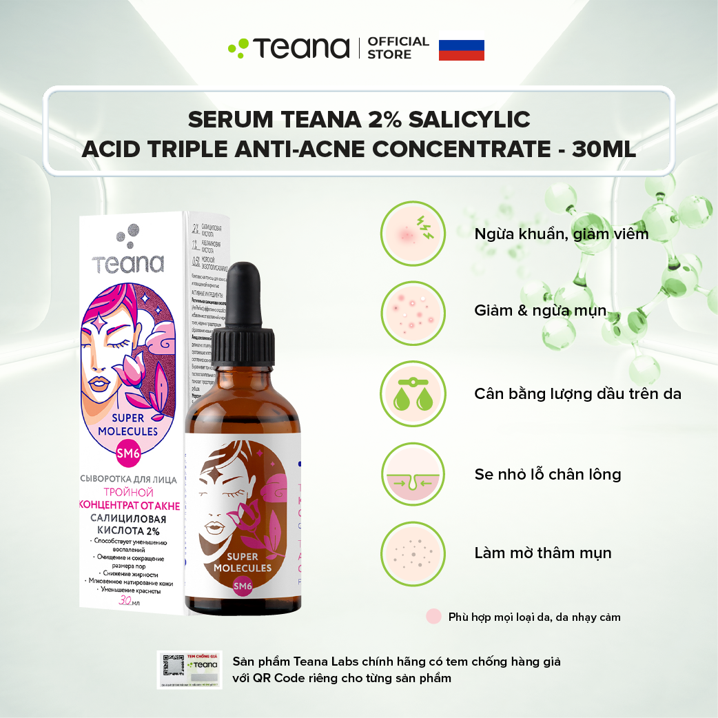 Serum Teana 2% Salicylic Acid SM6 Super Molecules kiềm dầu, giảm mụn, mờ thâm Triple Anti-Acne Concentrate - 30ml