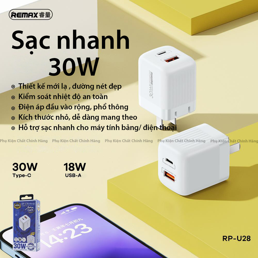 Củ sạc nhanh 2 cổng PD=30W + QC3.0=18W củ sạc RP-U28 chất liệu Gan cao cấp hàng chính hãng - BH 12T.
