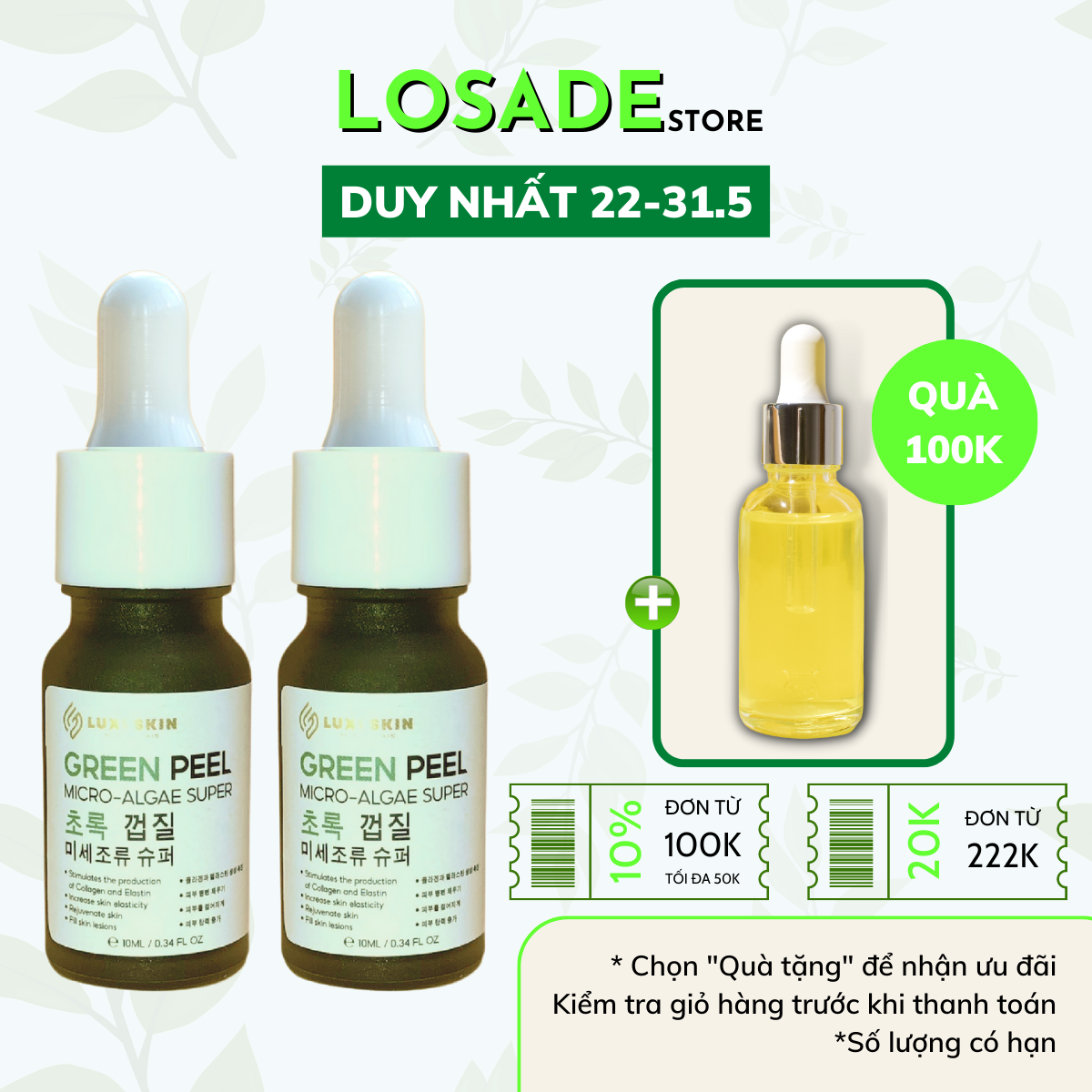 Peel da vi tảo tẩy tế bào chết mặt sạm nám tàn nhang tái tạo da mờ thâm mụn sáng khỏe LOSADE