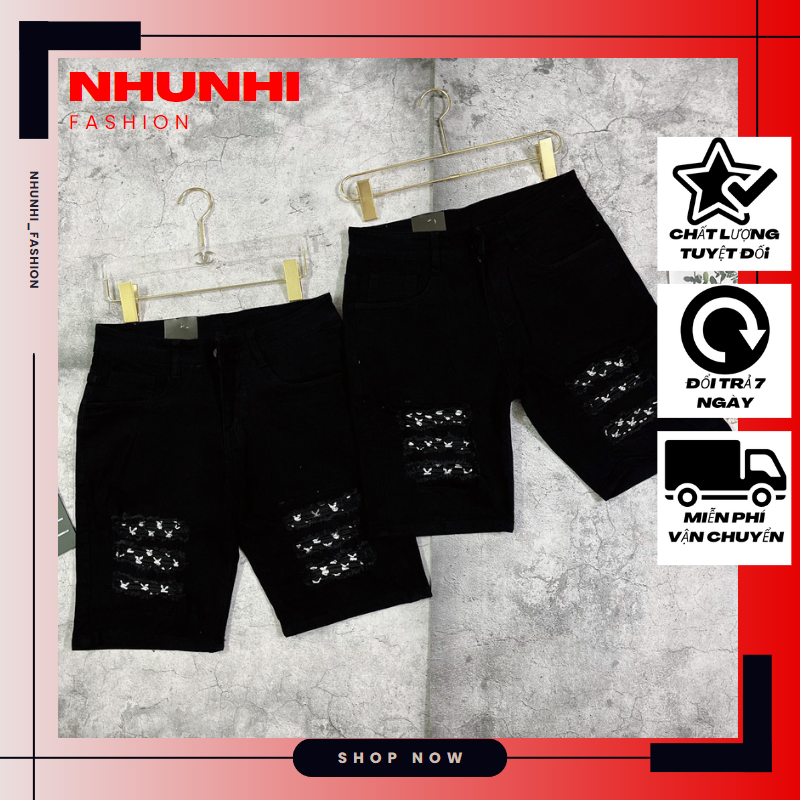 Quần short jeans nam mẫu trơn in hình kèm phụ kiện khóa kéo chất demin cao cấp NHUNHI FASHION