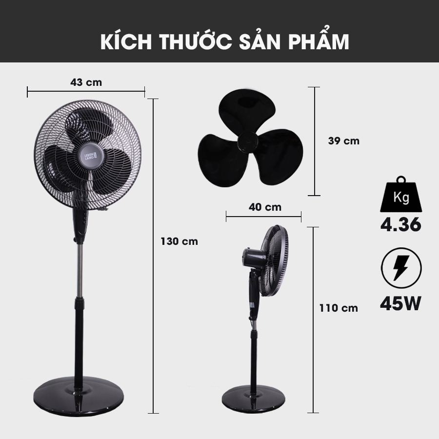 Quạt điện, quạt cây LEBENLANG LBL1862 chính hãng Đức, công suất 45W, bảo hành 2 năm - hàng chính hãng