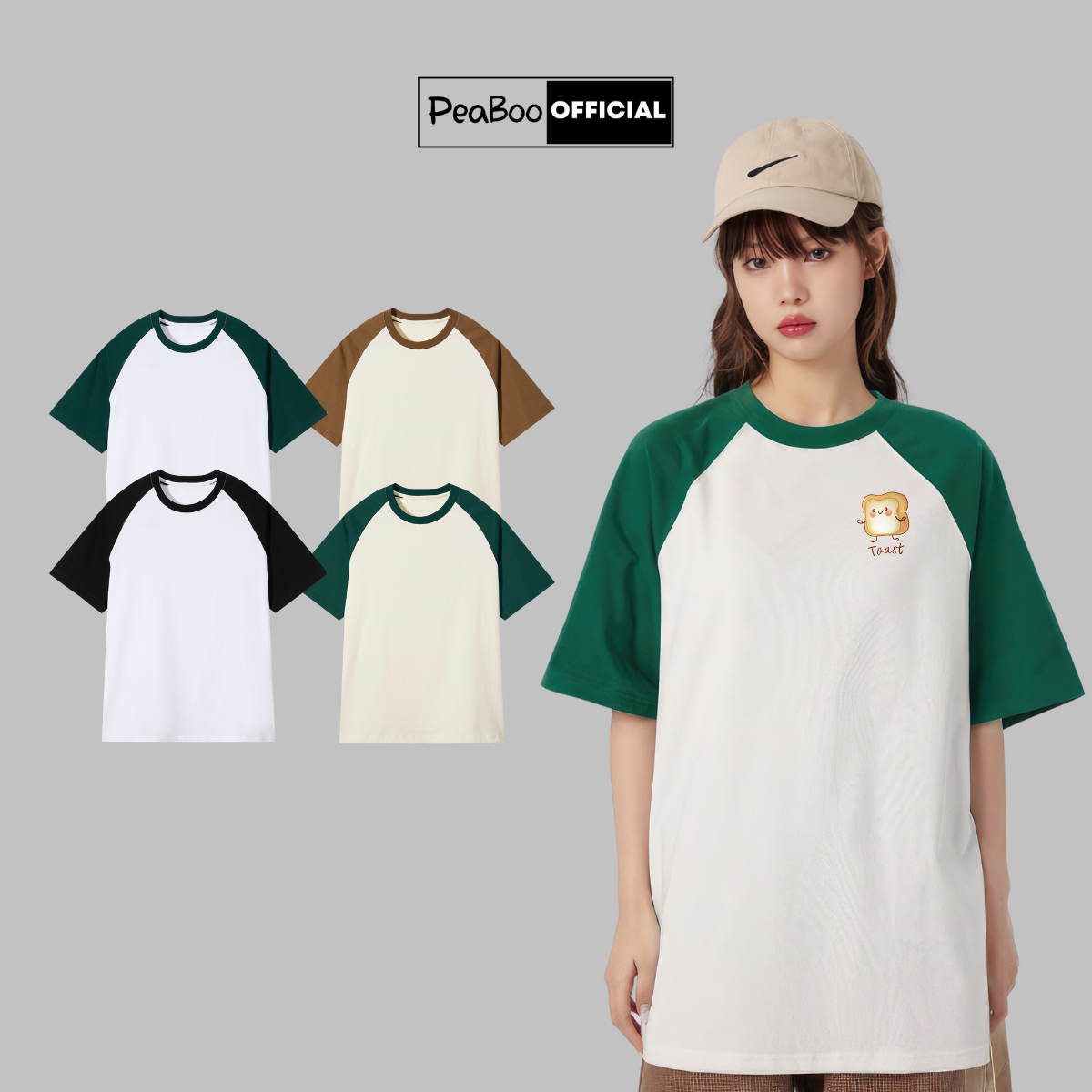 Áo Thun Nữ, Áo Phông Raglan Tee Unisex By PEABOO BST02 Hình In Mini Chất Cotton Thoáng Mát Form Rộng Tay Lỡ Cho Nam Nữ